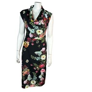 Ted Baker London Dress Size 4 Pencil Sheath Floral Black Colorful Cowl Dainty